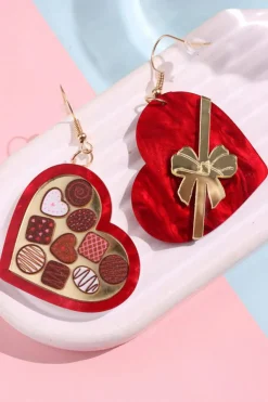 Best Dear-Lover Box of Chocolate Heart Shape Dangle Earrings Fiery Red