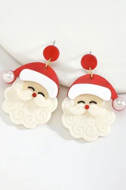 Online Dear-Lover Bright Pearl Decor Cute Father Christmas Earrings Fiery Red