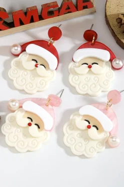 Online Dear-Lover Bright Pearl Decor Cute Father Christmas Earrings Fiery Red