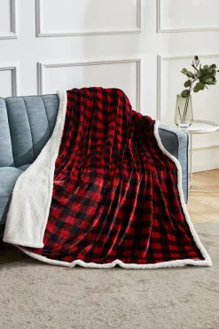 Fashion Dear-Lover Buffalo Plaid Print Sherpa Large Throw Blanket Fiery Red