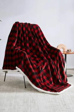 Fashion Dear-Lover Buffalo Plaid Print Sherpa Large Throw Blanket Fiery Red