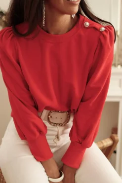 Clearance Dear-Lover Button Tab Detail Long Sleeve Top Fiery Red