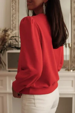 Clearance Dear-Lover Button Tab Detail Long Sleeve Top Fiery Red