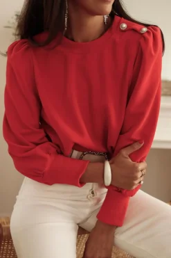 Clearance Dear-Lover Button Tab Detail Long Sleeve Top Fiery Red