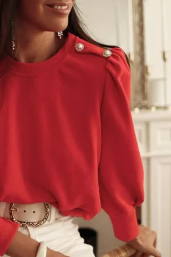 Clearance Dear-Lover Button Tab Detail Long Sleeve Top Fiery Red