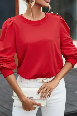 Clearance Dear-Lover Button Tab Detail Long Sleeve Top Fiery Red