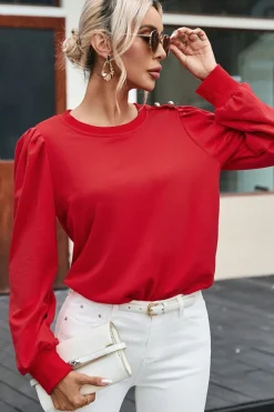 Clearance Dear-Lover Button Tab Detail Long Sleeve Top Fiery Red