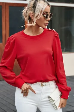 Clearance Dear-Lover Button Tab Detail Long Sleeve Top Fiery Red