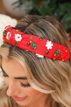 New Dear-Lover Cartoon Christmas Pattern Rhinestone Knotted Headband Fiery Red