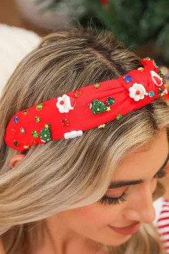 New Dear-Lover Cartoon Christmas Pattern Rhinestone Knotted Headband Fiery Red