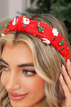 New Dear-Lover Cartoon Christmas Pattern Rhinestone Knotted Headband Fiery Red