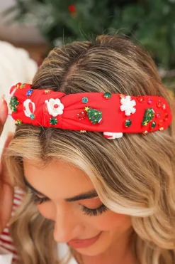 New Dear-Lover Cartoon Christmas Pattern Rhinestone Knotted Headband Fiery Red