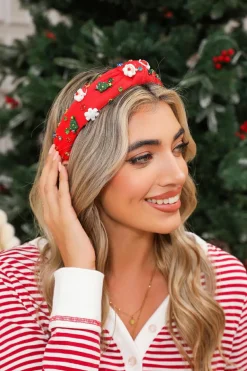 New Dear-Lover Cartoon Christmas Pattern Rhinestone Knotted Headband Fiery Red