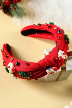 New Dear-Lover Cartoon Christmas Pattern Rhinestone Knotted Headband Fiery Red