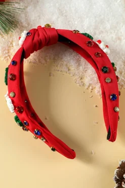 New Dear-Lover Cartoon Christmas Pattern Rhinestone Knotted Headband Fiery Red