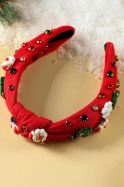 New Dear-Lover Cartoon Christmas Pattern Rhinestone Knotted Headband Fiery Red