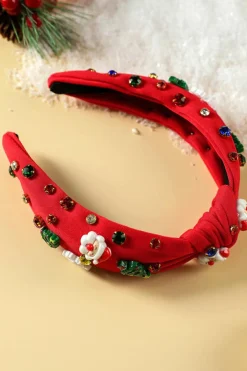 New Dear-Lover Cartoon Christmas Pattern Rhinestone Knotted Headband Fiery Red