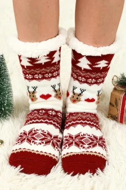 Sale Dear-Lover Cartoon Santa Claus Christmas Fleece Socks Fiery Red