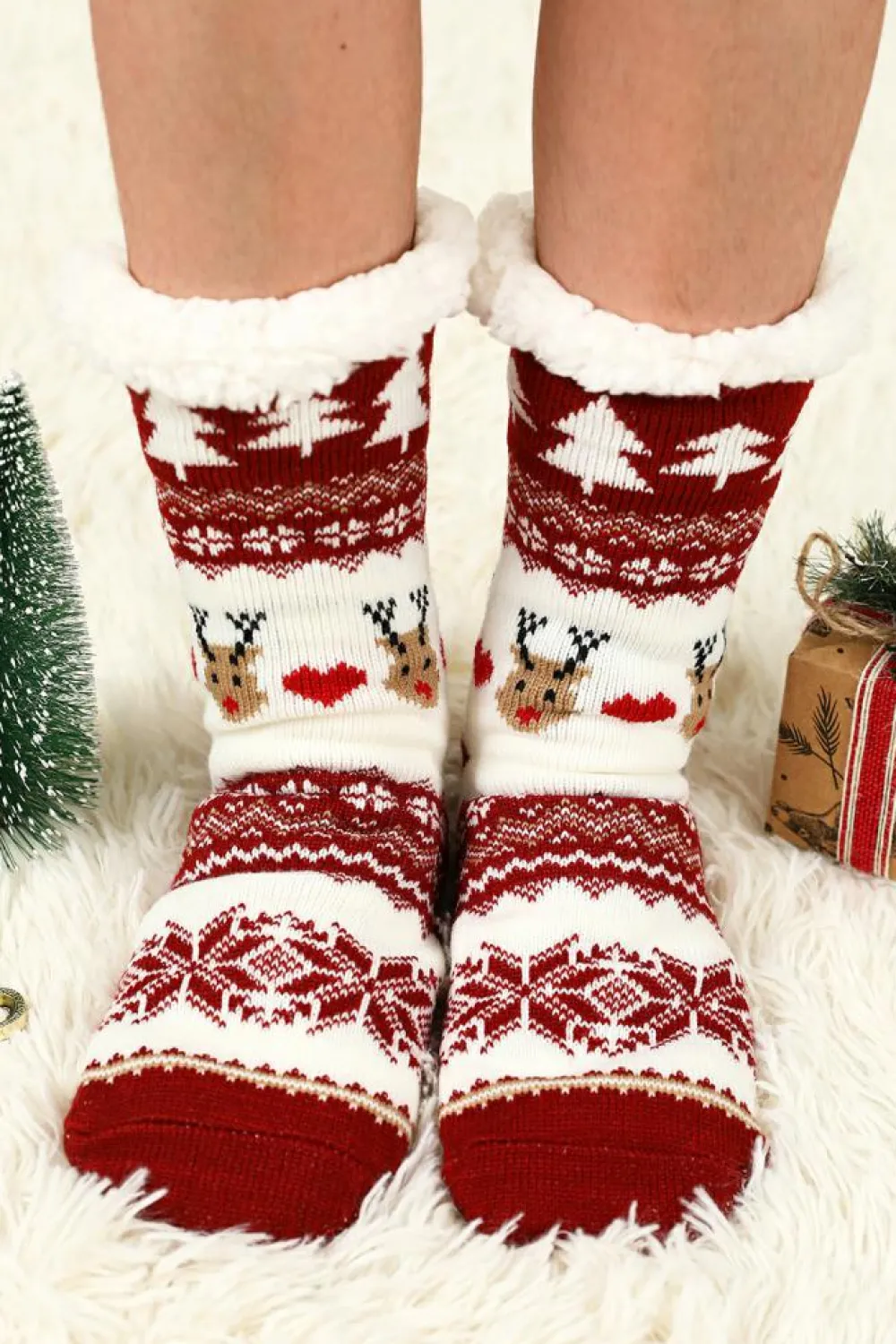 Sale Dear-Lover Cartoon Santa Claus Christmas Fleece Socks Fiery Red