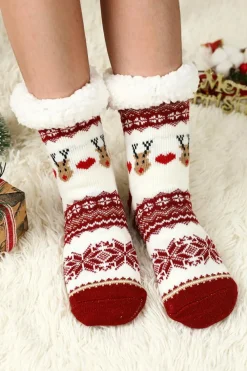 Sale Dear-Lover Cartoon Santa Claus Christmas Fleece Socks Fiery Red