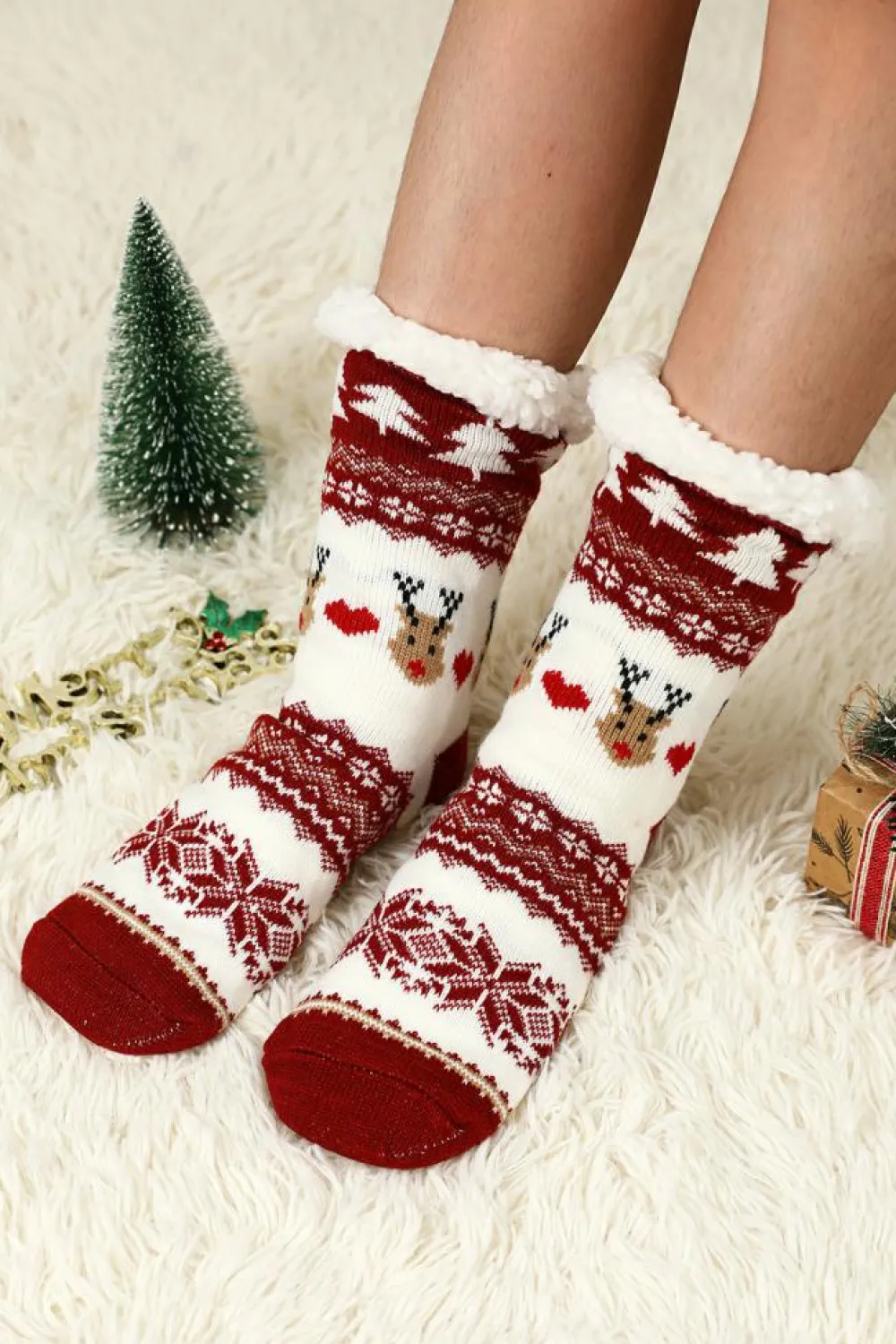 Sale Dear-Lover Cartoon Santa Claus Christmas Fleece Socks Fiery Red