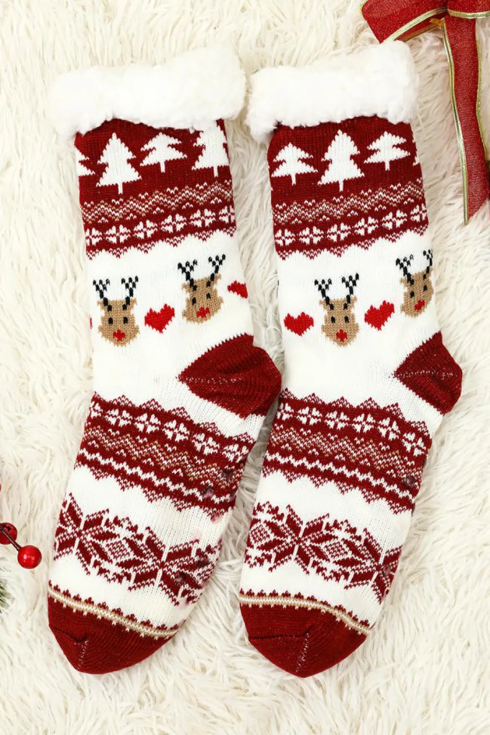 Sale Dear-Lover Cartoon Santa Claus Christmas Fleece Socks Fiery Red