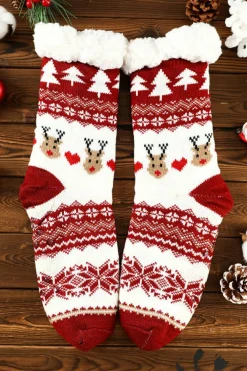 Sale Dear-Lover Cartoon Santa Claus Christmas Fleece Socks Fiery Red