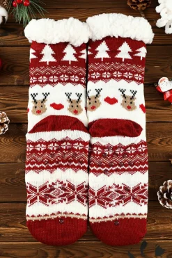 Sale Dear-Lover Cartoon Santa Claus Christmas Fleece Socks Fiery Red