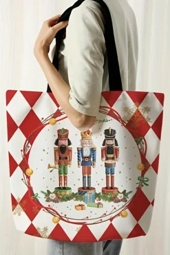 Outlet Dear-Lover Checkered Merry Christmas Nutcracker Printed Canvas Shoulder Bag Fiery Red