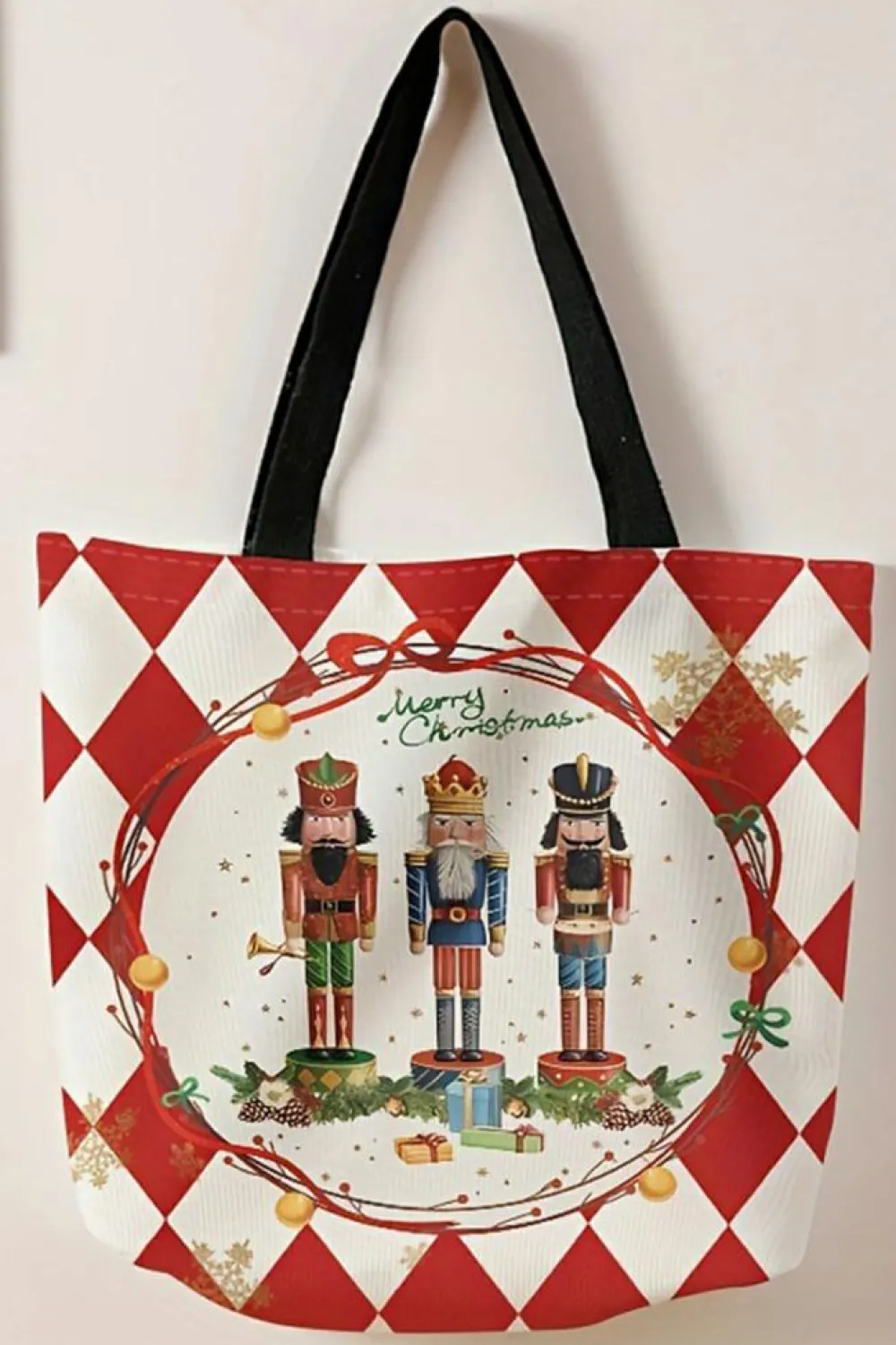 Outlet Dear-Lover Checkered Merry Christmas Nutcracker Printed Canvas Shoulder Bag Fiery Red