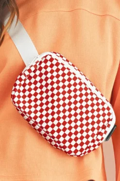 Clearance Dear-Lover Checkered Print Zipped Buckle Strap Crossbody Bag Fiery Red