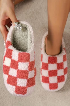 Discount Dear-Lover Checkered Print Fuzzy Slip On Winter Slippers Fiery Red
