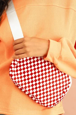 Clearance Dear-Lover Checkered Print Zipped Buckle Strap Crossbody Bag Fiery Red