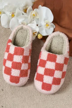Discount Dear-Lover Checkered Print Fuzzy Slip On Winter Slippers Fiery Red