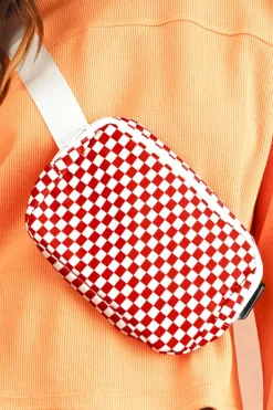 Clearance Dear-Lover Checkered Print Zipped Buckle Strap Crossbody Bag Fiery Red