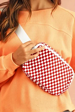 Clearance Dear-Lover Checkered Print Zipped Buckle Strap Crossbody Bag Fiery Red