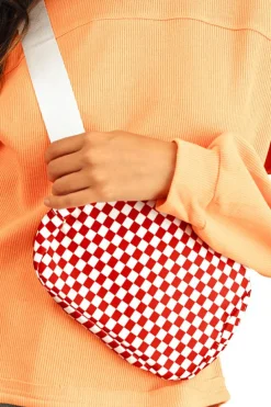 Clearance Dear-Lover Checkered Print Zipped Buckle Strap Crossbody Bag Fiery Red