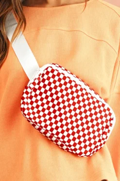 Clearance Dear-Lover Checkered Print Zipped Buckle Strap Crossbody Bag Fiery Red