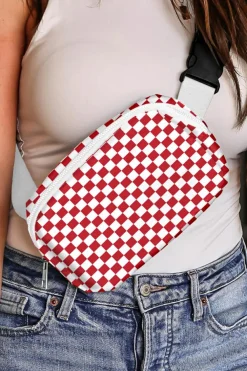 Clearance Dear-Lover Checkered Print Zipped Buckle Strap Crossbody Bag Fiery Red