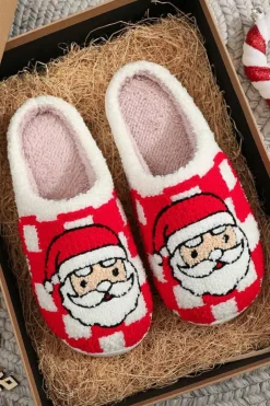 Fashion Dear-Lover Checkered Santa Claus Graphic Plush Home Slippers Fiery Red