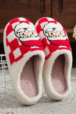 Fashion Dear-Lover Checkered Santa Claus Graphic Plush Home Slippers Fiery Red