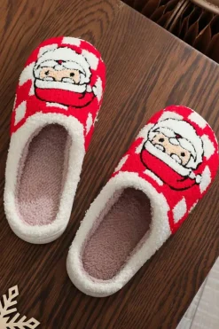 Fashion Dear-Lover Checkered Santa Claus Graphic Plush Home Slippers Fiery Red