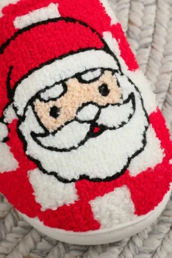 Fashion Dear-Lover Checkered Santa Claus Graphic Plush Home Slippers Fiery Red