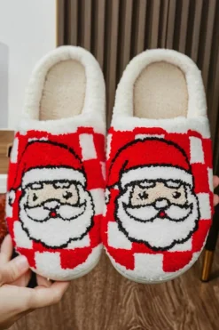 Fashion Dear-Lover Checkered Santa Claus Graphic Plush Home Slippers Fiery Red