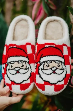 Fashion Dear-Lover Checkered Santa Claus Graphic Plush Home Slippers Fiery Red