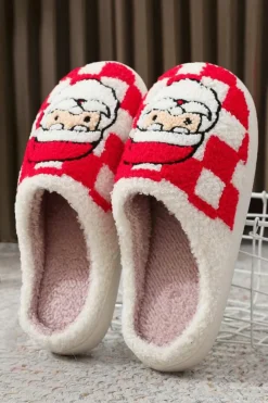 Fashion Dear-Lover Checkered Santa Claus Graphic Plush Home Slippers Fiery Red