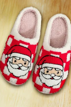 Fashion Dear-Lover Checkered Santa Claus Graphic Plush Home Slippers Fiery Red