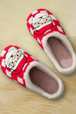 Fashion Dear-Lover Checkered Santa Claus Graphic Plush Home Slippers Fiery Red