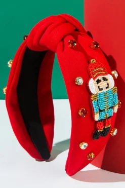 Fashion Dear-Lover Christmas Beading Nutcracker Rhinestone Decor Knotted Hairband Fiery Red
