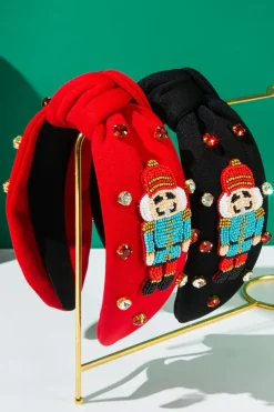 Fashion Dear-Lover Christmas Beading Nutcracker Rhinestone Decor Knotted Hairband Fiery Red